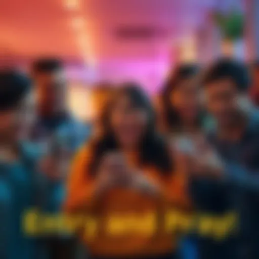 Group of people laughing and reacting to the Entry and Pray trend on their phones