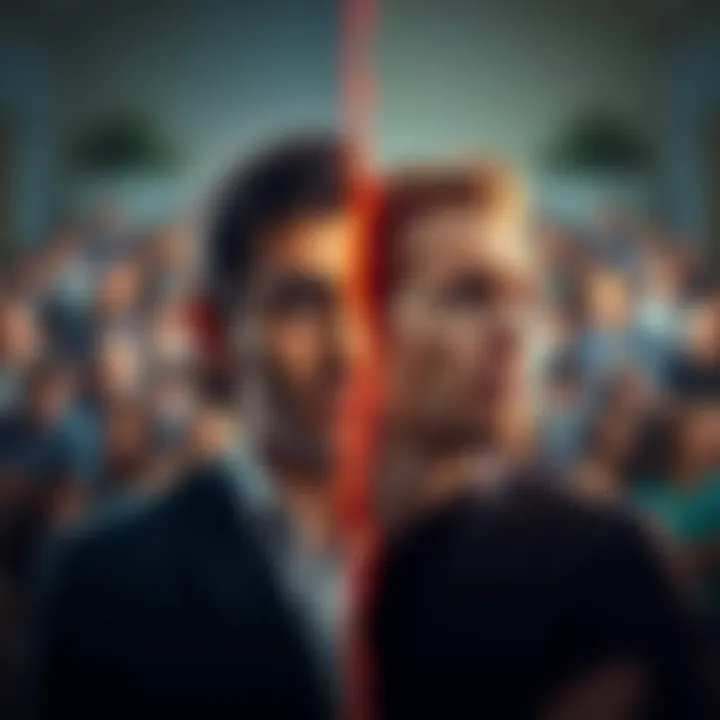 A split image showing two groups: one group appears anxious and worried, while the other group remains calm and composed, reflecting the differing responses to rising tensions.