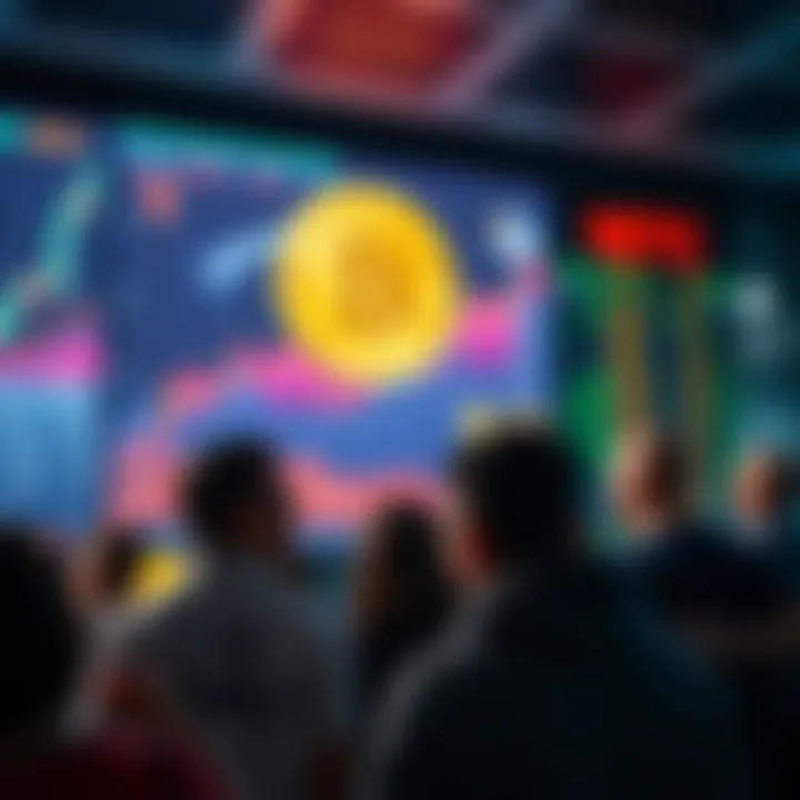 A group of people looking worried while watching Bitcoin prices drop on a digital screen