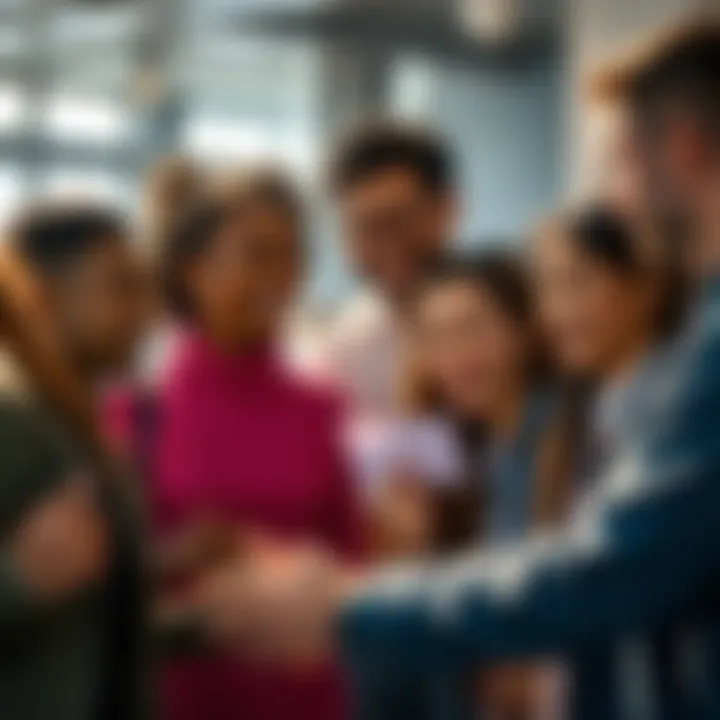 A group of people smiling and exchanging positive messages, promoting kindness and compassion in their community.
