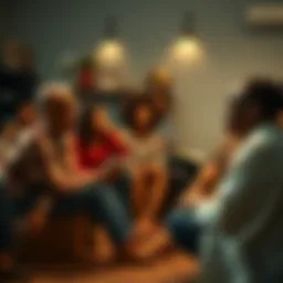 A diverse group of people sitting in a circle sharing their personal stories, expressing emotions related to their liquidated moments, with warm expressions and open body language.