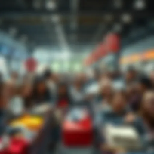 A crowd of people excitedly shopping with their free 400 AB bonus, filling their carts with various items