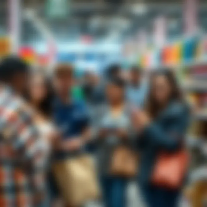 A diverse group of people happily shopping in a store, choosing products and engaging with items they want to buy.