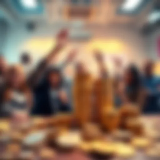 A group of people happily stacking digital currency coins, showcasing their growing collection of sats in a lively atmosphere