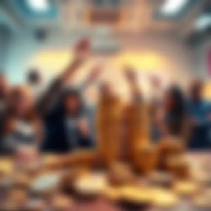 People stacking cryptocurrency coins A group of people happily stacking digital currency coins, showcasing their growing collection of sats in a lively atmosphere