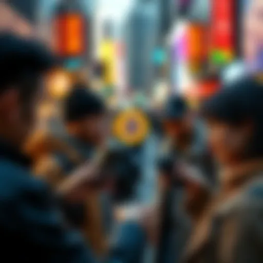 A diverse group of people using smartphones to make payments, showcasing various cryptocurrencies like Bitcoin and Ethereum on screen, with a busy urban background.