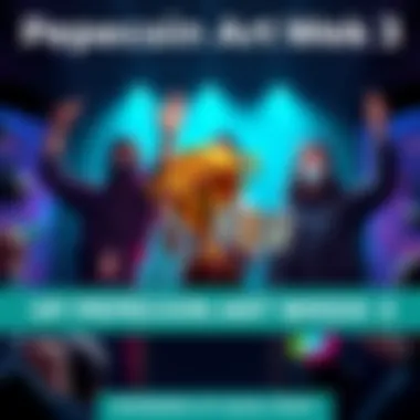 Three artists celebrating their wins at the Pepecoin Art Expo Week 3, with a trophy and prize money displayed