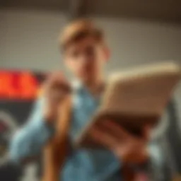 A person holding a notepad and pen, looking confused while pointing at a rule book, symbolizing the need for clarity on rule infractions.