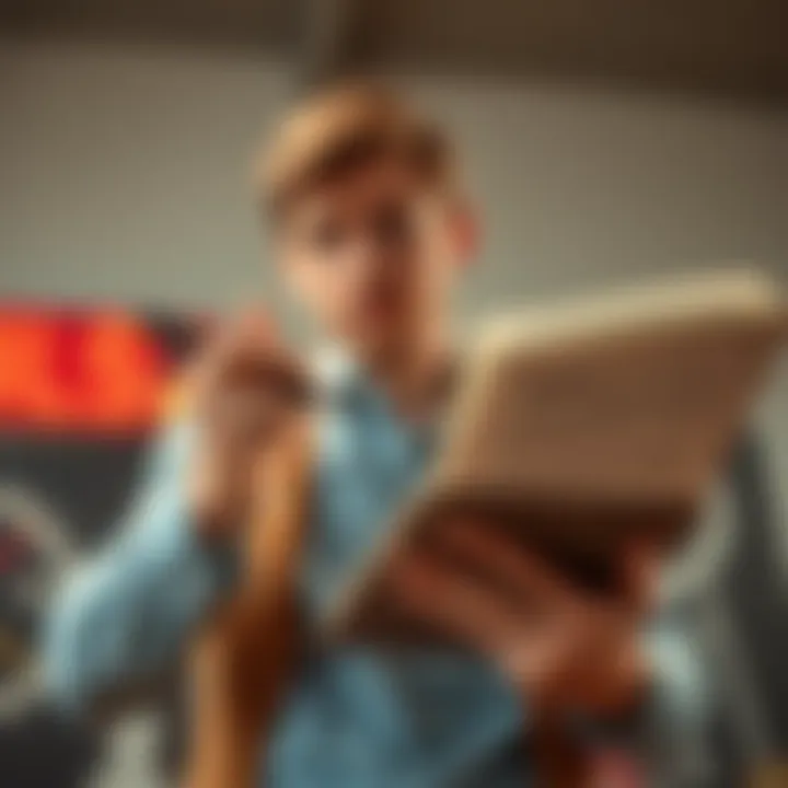 A person holding a notepad and pen, looking confused while pointing at a rule book, symbolizing the need for clarity on rule infractions.