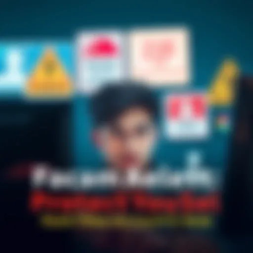 A person looks at a computer screen to identify fake accounts online, displaying a worried expression, with warning signs in the background.