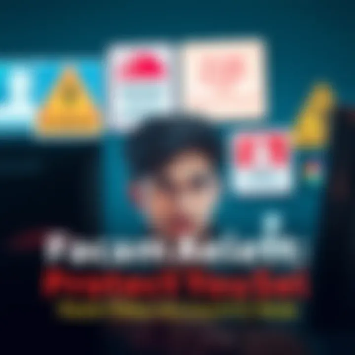 A person looks at a computer screen to identify fake accounts online, displaying a worried expression, with warning signs in the background.