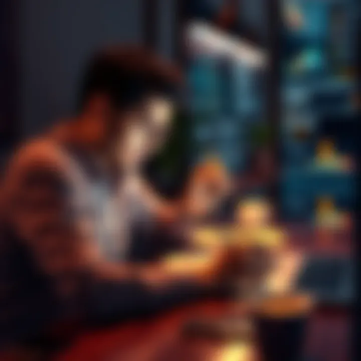 A frustrated person sitting at a desk looking at a survey on their laptop, with a pen in hand and a cup of coffee nearby.