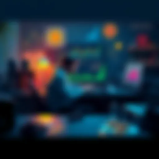 Individual sitting at a desk with a laptop designing a meme coin, surrounded by crypto charts and coins