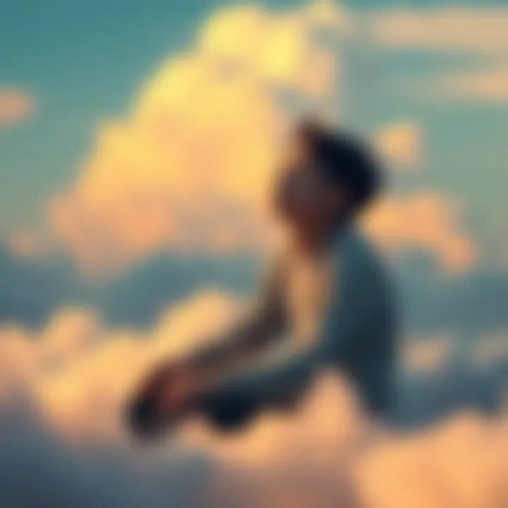 Individual sitting peacefully with their eyes closed, imagining their dreams and aspirations, surrounded by soft clouds