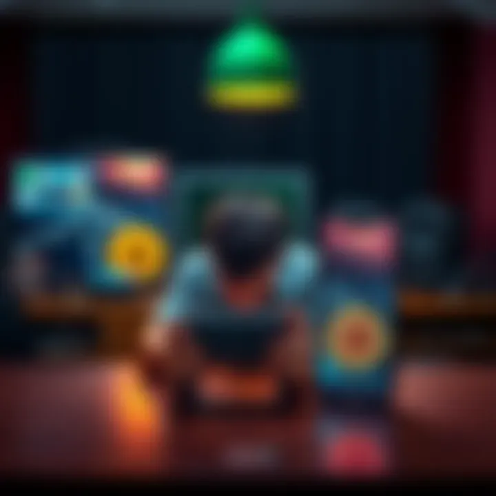 A person sitting at a table, looking conflicted between a video game console and a Bitcoin logo on a phone screen, symbolizing the choice between fun and investment.