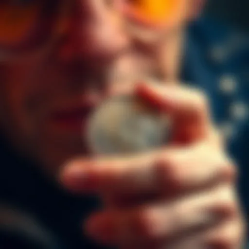 A person holding a shiny coin and looking closely at its surface, showing concern over its condition