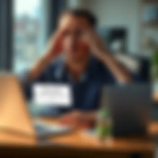 Individual sitting at a desk, showing frustration while looking at a laptop with a message about account closure