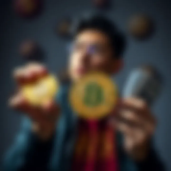 A person contemplating a loan while holding Bitcoin in one hand and cash in the other, symbolizing investment decisions.