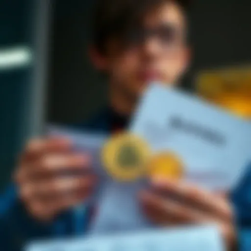 A person looks at Bitcoin symbols while holding paperwork for a bank loan, illustrating the balance between cryptocurrency investment and loan application.