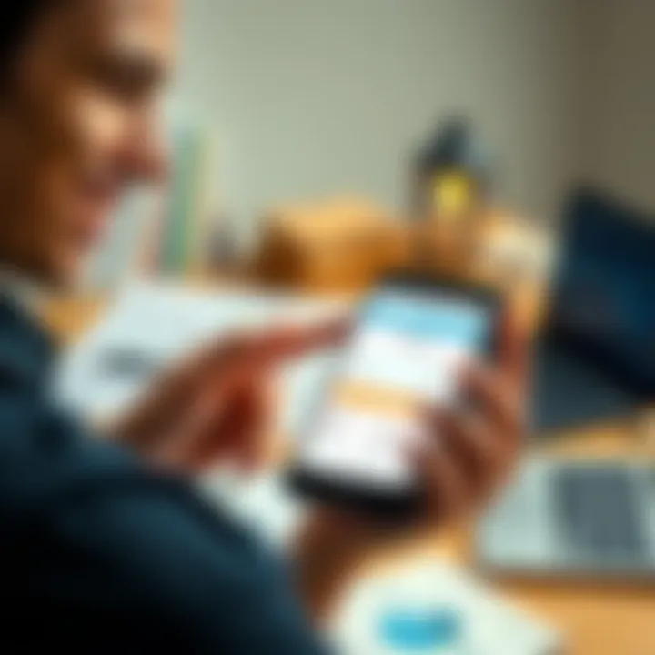 A young adult smiling while using a smartphone showing a crypto loan application on the screen, with a laptop and financial documents on a table in the background.