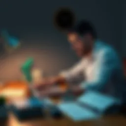 A person sitting at a desk, frustrated while trying to open a Revolut account on their laptop, with banking documents scattered around
