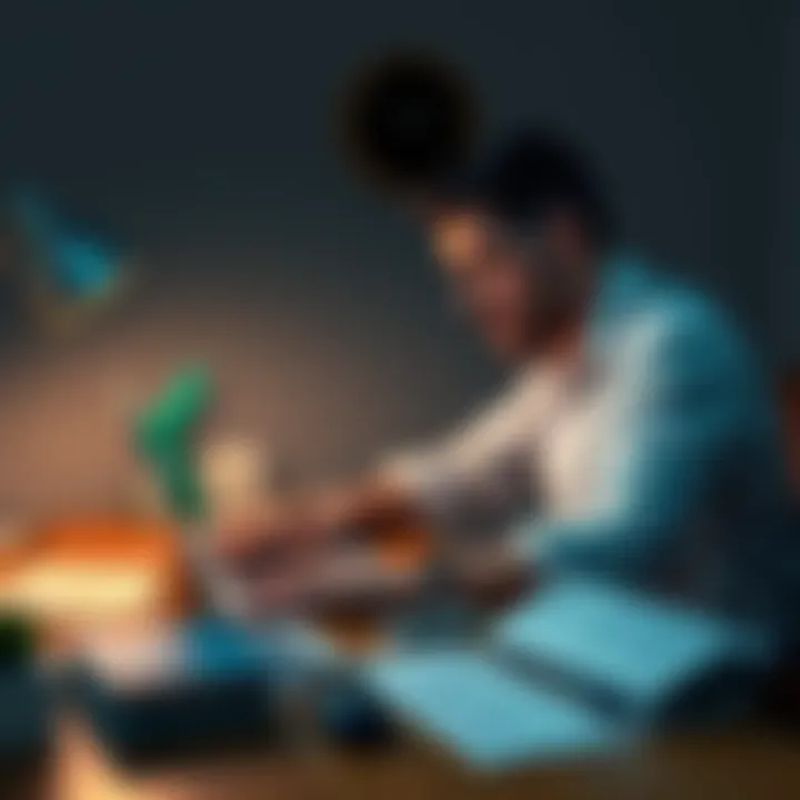 Person using a laptop to open a bank account A person sitting at a desk, frustrated while trying to open a Revolut account on their laptop, with banking documents scattered around