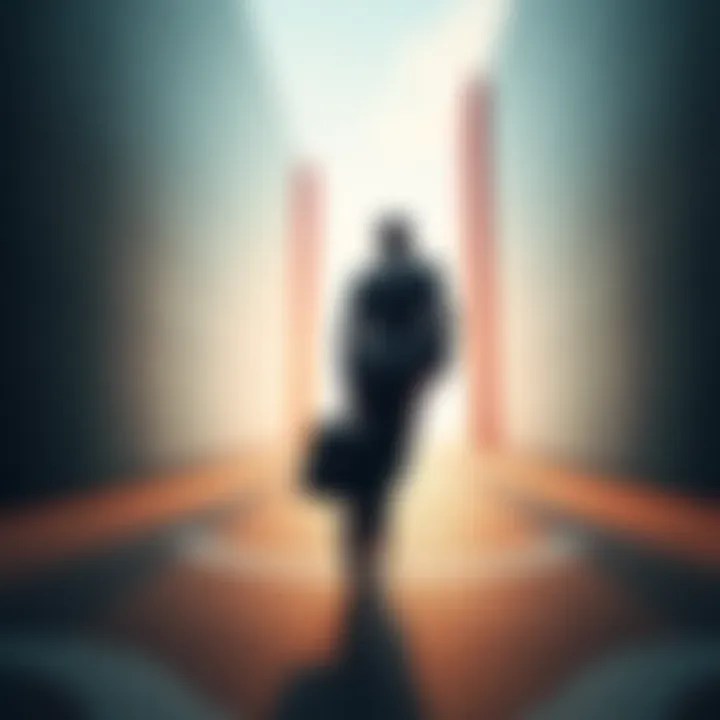 Individual confidently walking away from an office building with a briefcase, symbolizing a bold departure from work after reaching financial success.
