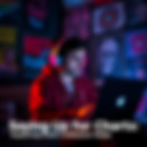 A person staying up late, wearing headphones, surrounded by vinyl records and punk posters, while checking music charts on a laptop.