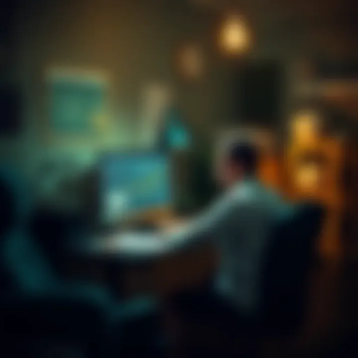 A person sitting at a desk with a computer, mining cryptocurrency, surrounded by notes and charts, with a light bulb above indicating ideas and electricity.