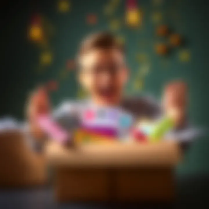 A person excitedly opening a colorful box filled with various surprise items