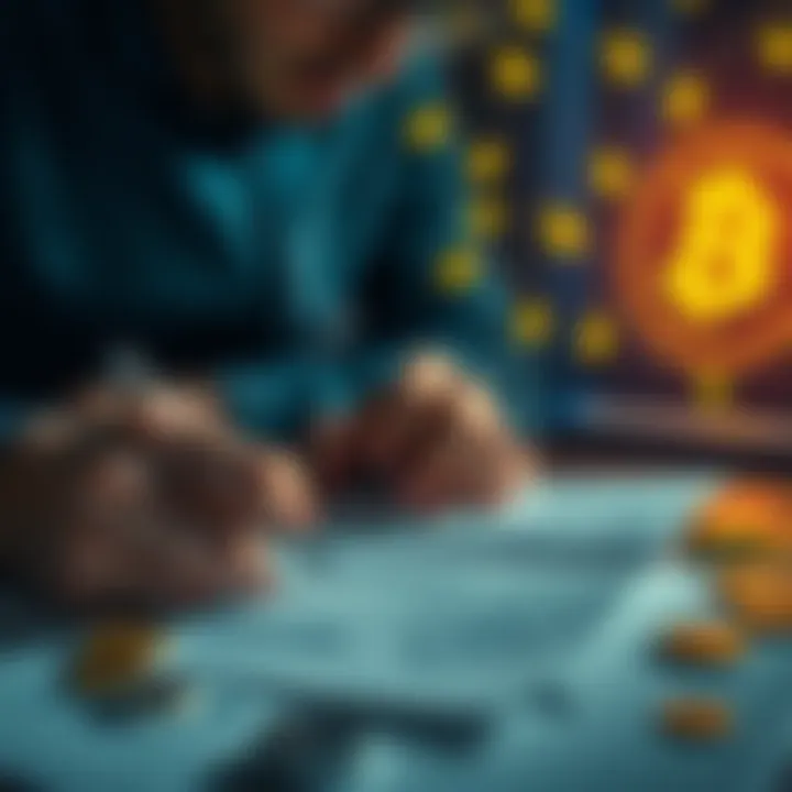 A person writing plans for Bitcoin access on paper, surrounded by cryptocurrency symbols