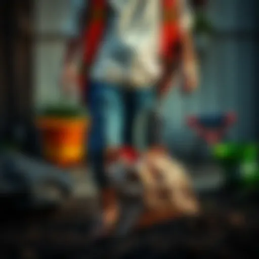 A person in clean clothes stands frustrated as a bag of potting soil spills over them during yard work