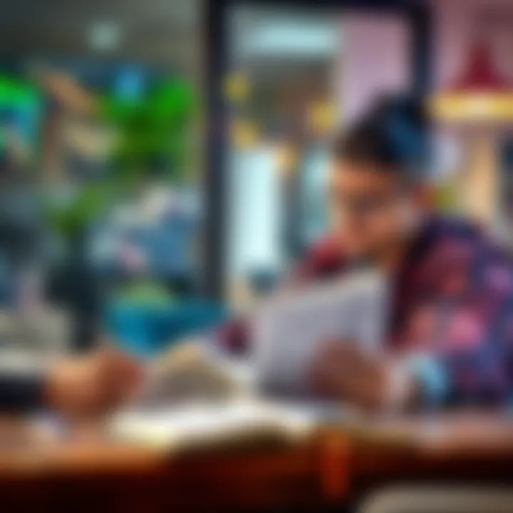A community member sits at a table reviewing a trading book with a notepad and pens nearby, looking for new strategies.
