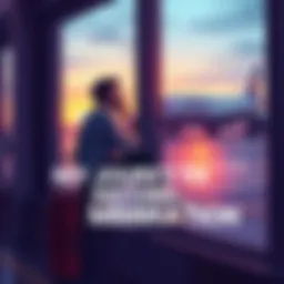 A person sitting on a suitcase at an airport, looking out the window with a thoughtful expression, symbolizing their journey through migration.