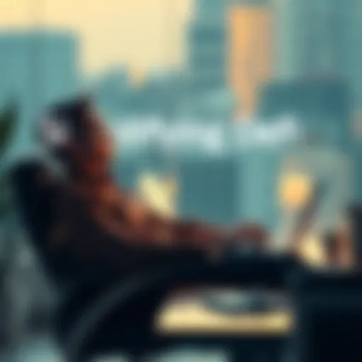 Individual sitting calmly at a desk, using a laptop to manage their DeFi investments efficiently