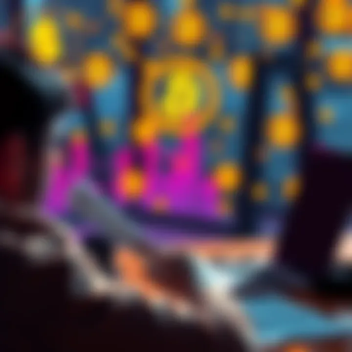 A person looking at tax documents with a laptop and cryptocurrency symbols in the background