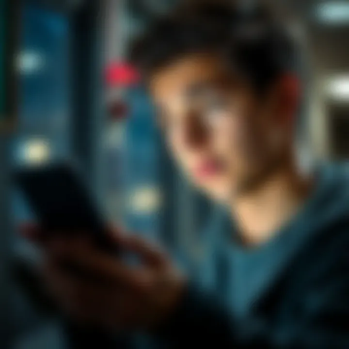 Person receiving a scam text A person looking at their phone with a worried expression after receiving a suspicious text about a Coinbase account reset.