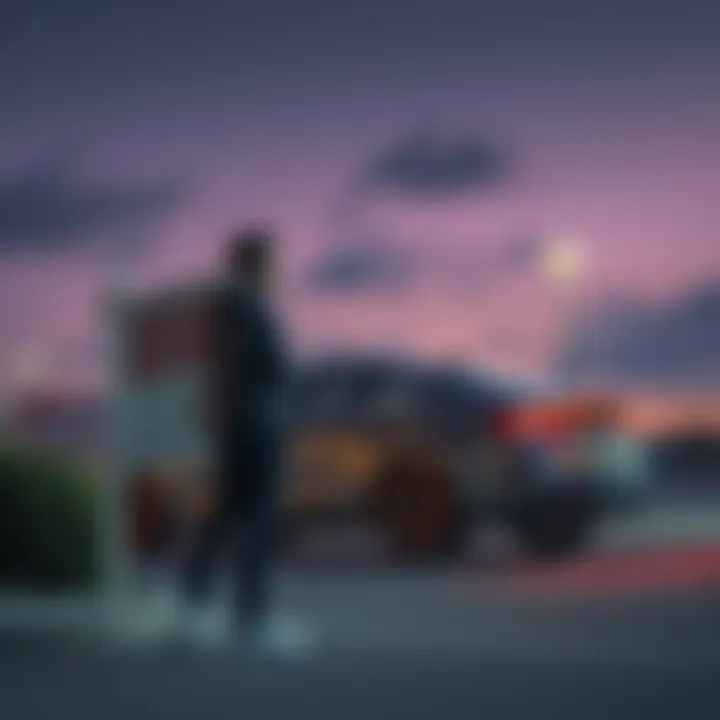 Person selling car for investment A person standing beside a car for sale sign, contemplating an investment in Kaspa, looking thoughtful