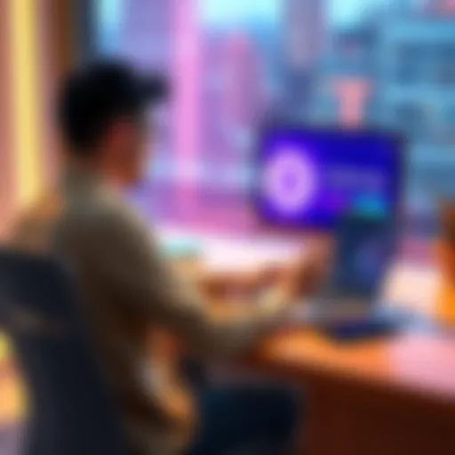 A person sitting at a desk with a laptop, looking at Pi Network coins on the screen and considering selling options.