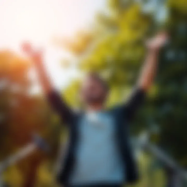Person smiling with arms raised A person stands outdoors with arms raised in celebration, surrounded by green trees, showing joy and hope.
