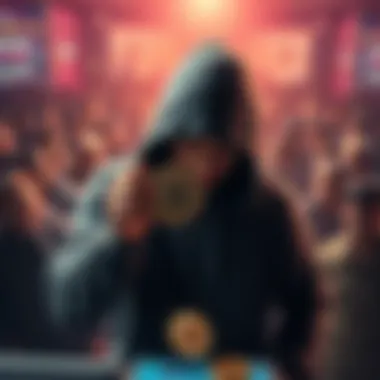 A figure in a hoodie taking a Bitcoin from a digital wallet, with a worried crowd in the background.