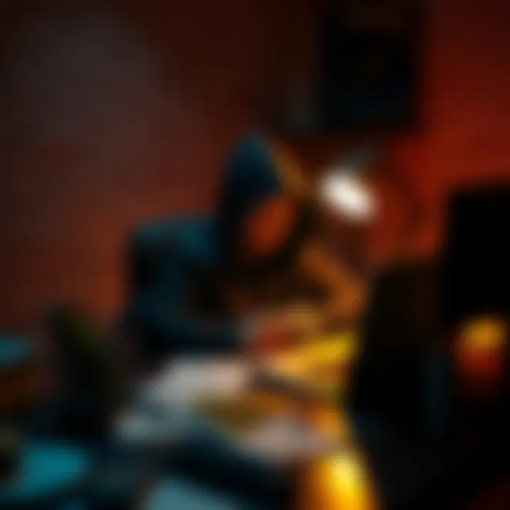 A person sitting at a desk with a laptop, surrounded by notes and crypto-related items, indicating illegal Bitcoin activities