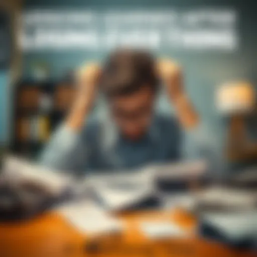 A person sitting at a table, visibly stressed, surrounded by unpaid bills and financial statements, highlighting the impact of financial loss