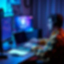 A person sitting at a desk, using a laptop with cryptocurrency graphics on the screen, illustrating the process of securely swapping to Monero.