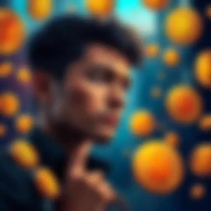 A person looking thoughtful with Bitcoin symbols around them, reflecting on financial decisions related to cryptocurrency.