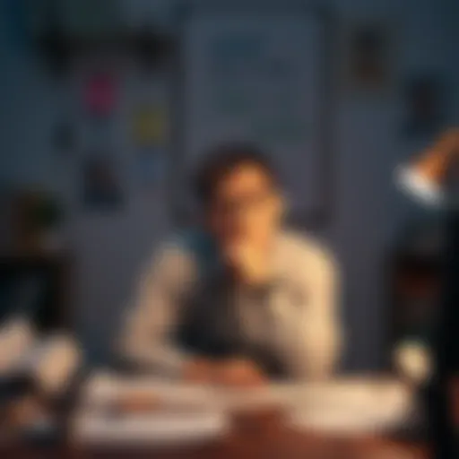 A person sitting at a desk with a thoughtful expression, surrounded by notes and drawings representing different identities and roles they might embrace in 2026.