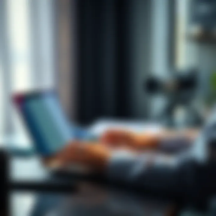 A person sits at a desk with a laptop, calculating taxes using a free online tax calculator