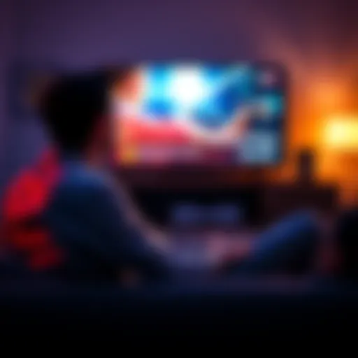 Person Watching an Engaging Advertisement A person sits on a couch, intently watching a captivating ad for a new product on a TV screen, with a look of curiosity and interest on their face.