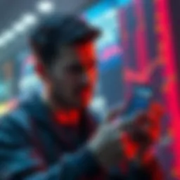 A person looking stressed over a declining Bitcoin chart while holding a smartphone with financial apps open