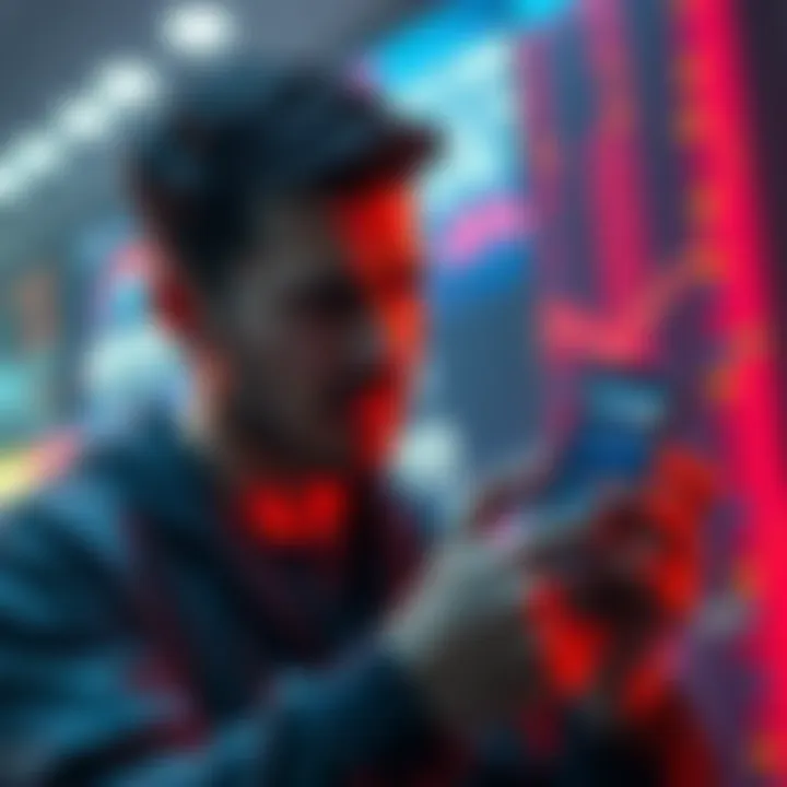 A person looking stressed over a declining Bitcoin chart while holding a smartphone with financial apps open